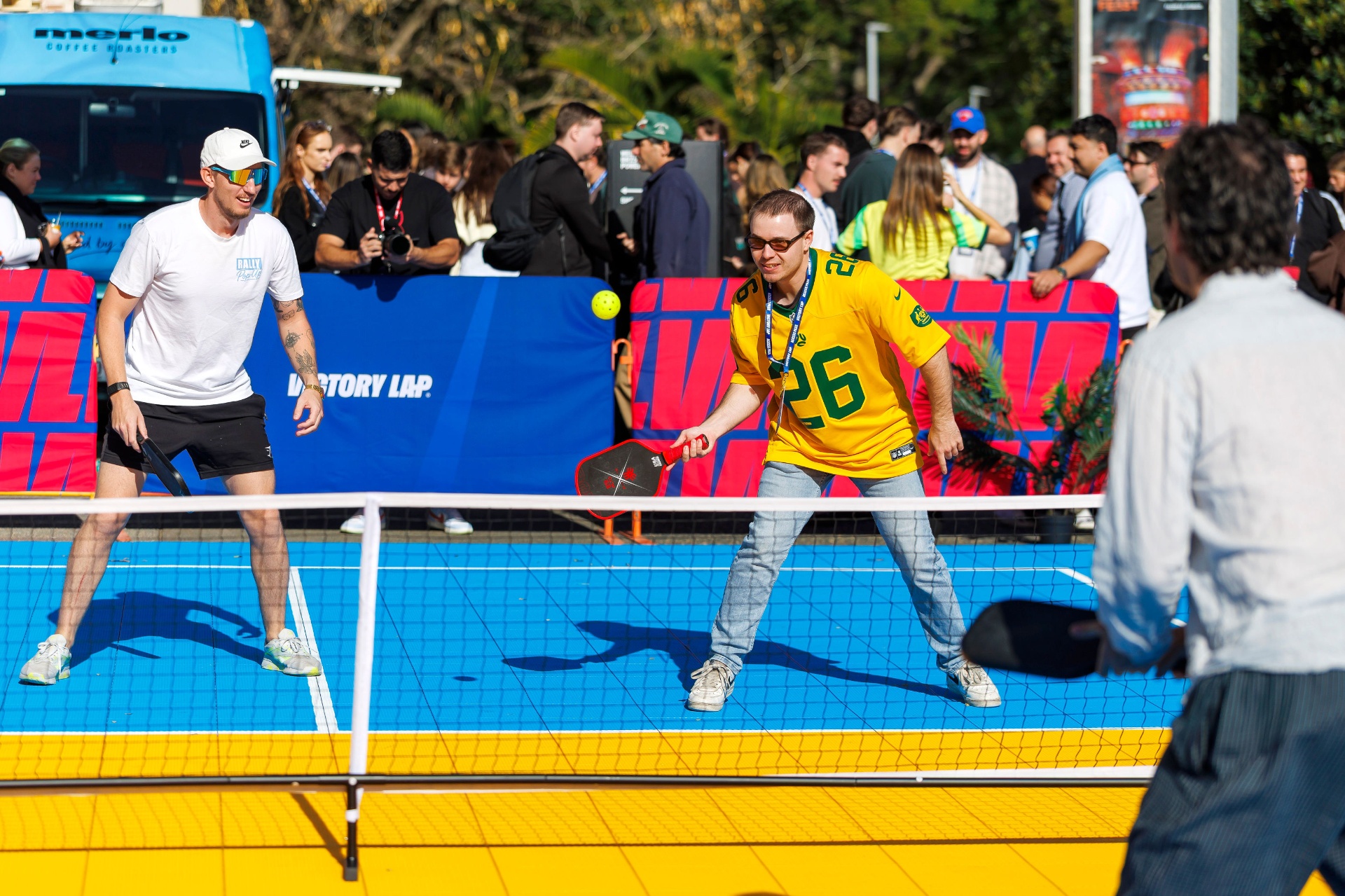Doubles rally on a Rally Pop-Up court